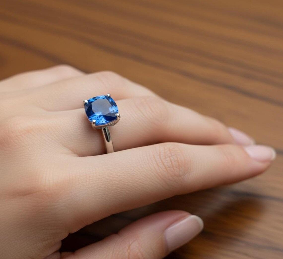 Cushion Cut Sapphire Ring, Solid Sterling Silver, Wife Gift, 10mm,
