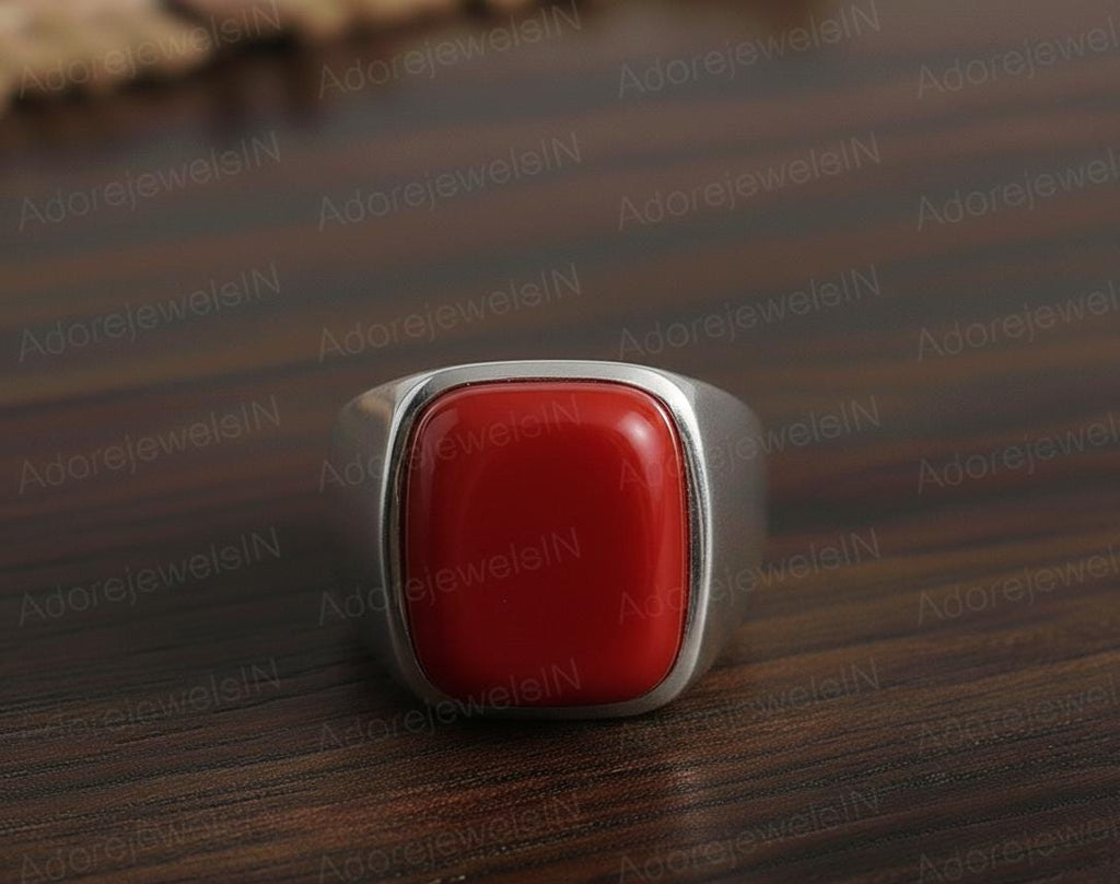 Mens Sterling Silver Red Coral Ring, Greek Design, Oval 12x16mm