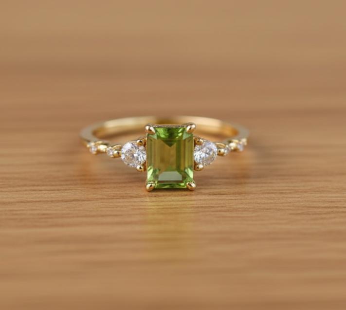 Vintage Peridot Ring, Gold Vermeil, Art Deco Emerald Cut, August Birthstone, Oval Gemstone