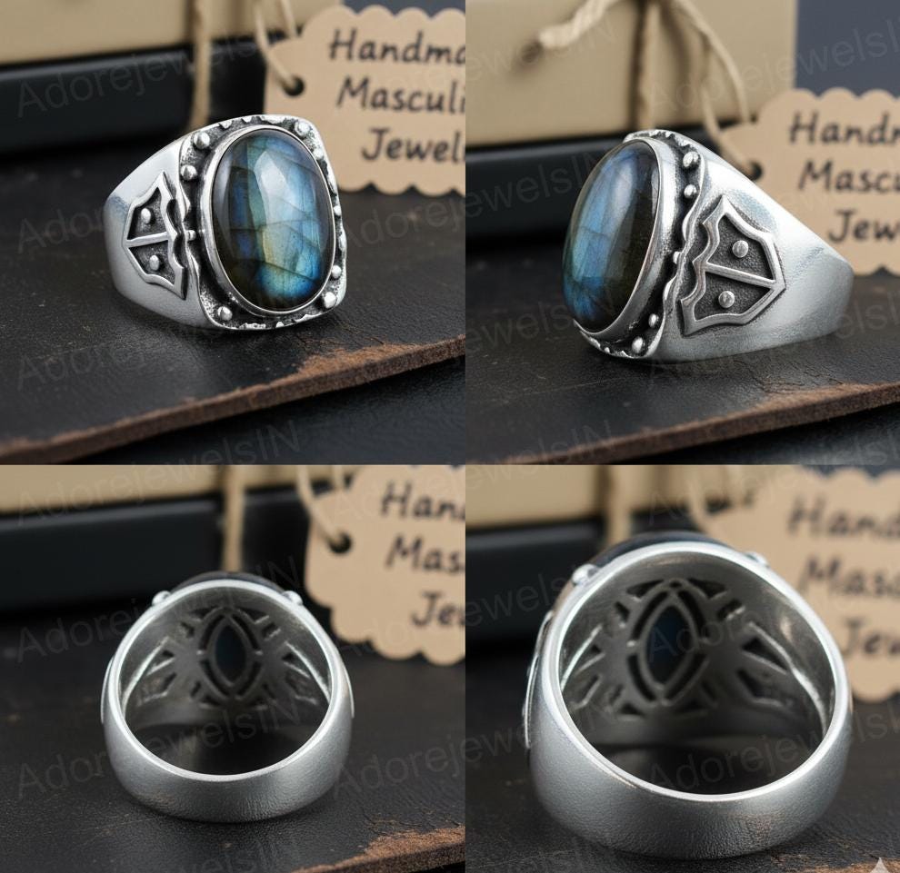 Mens Sterling Silver Labradorite Ring, Greek Design, Oval 12x16mm