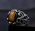 Oxidized Sterling Silver Signet Ring, Yellow Tiger Eye, Floral Design