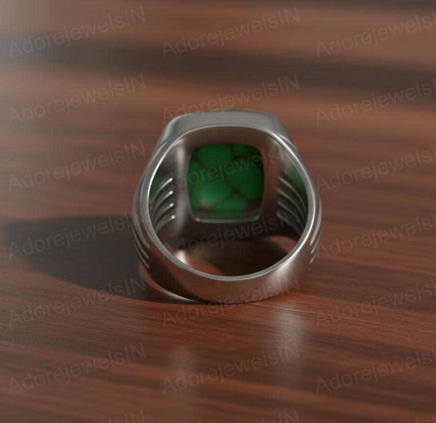 Sterling Silver Mens Ring, Green Copper Turquoise Gemstone, Ottoman Style