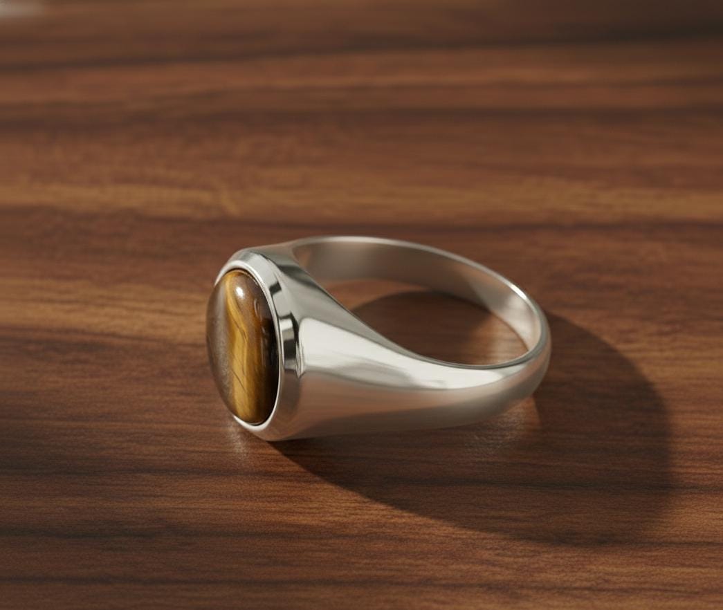 Sterling Silver Signet Ring, Natural Yellow Tiger Eye, Mens Heavy Ring