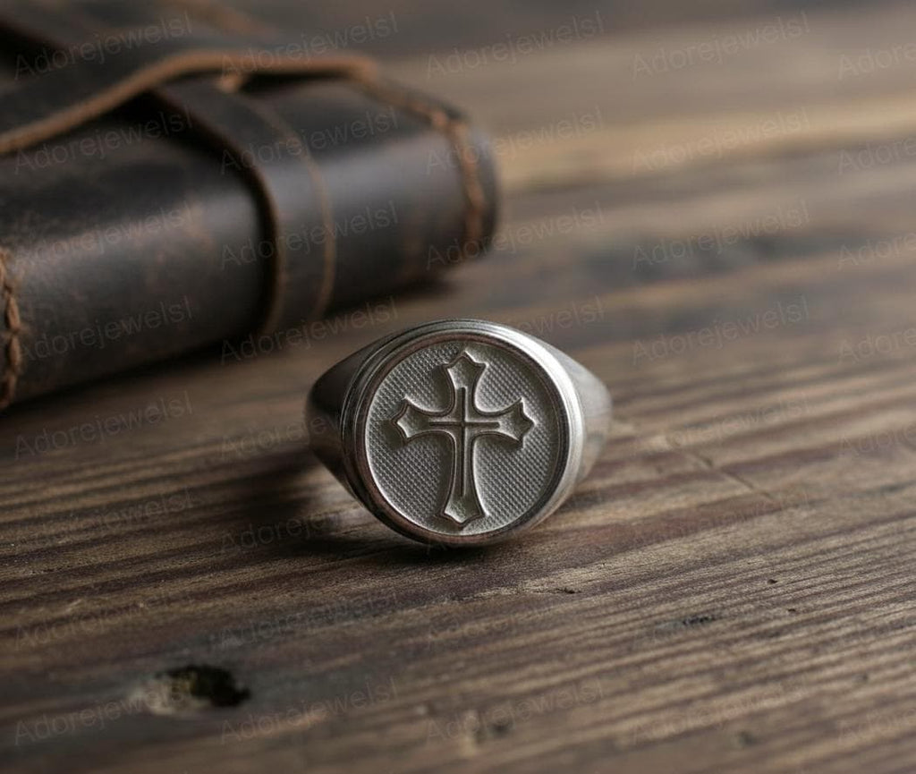 Sterling Silver Cross Signet Ring, Mens Band, 14mm
