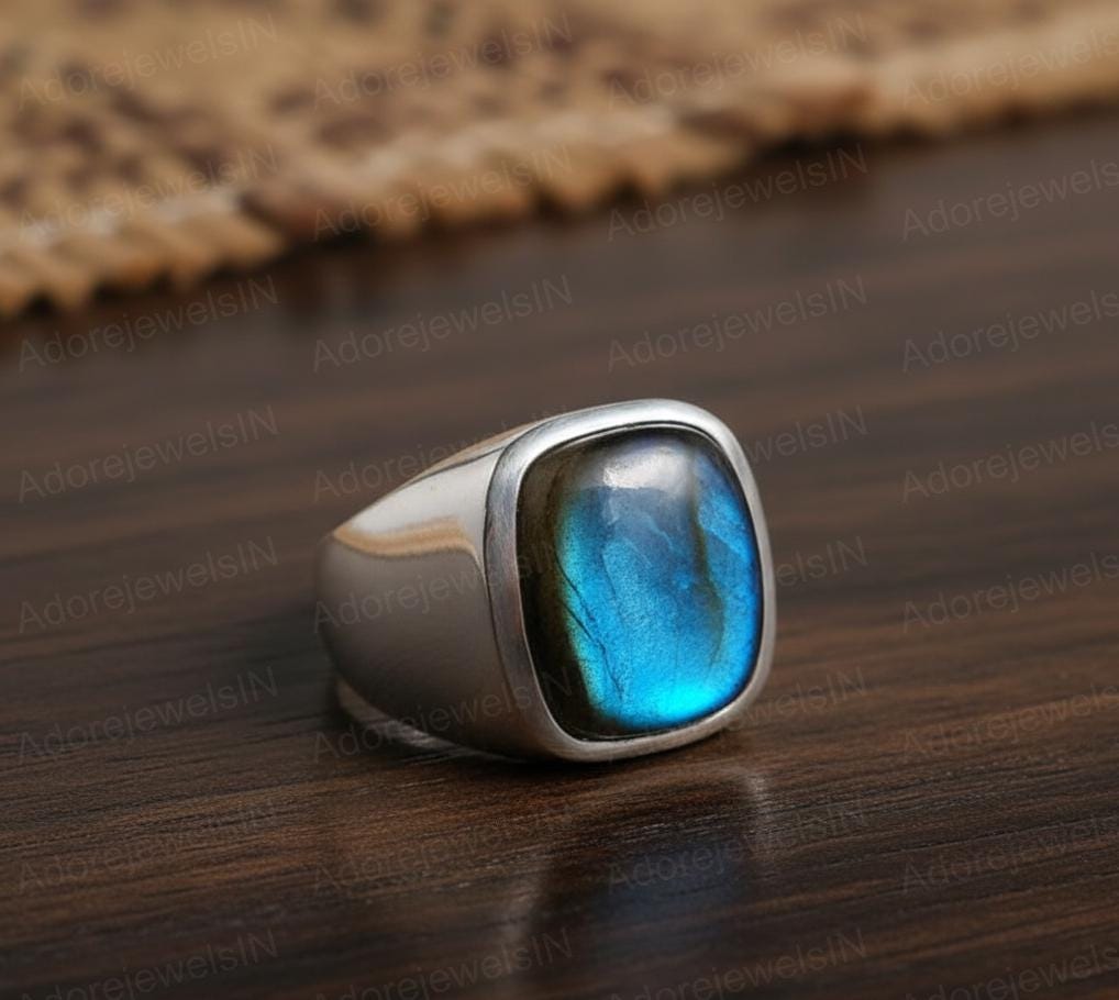 Mens Sterling Silver Labradorite Ring, Greek Design, Oval 12x16mm