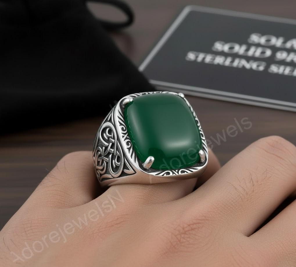 Green Onyx Octagon Sterling Silver Signet Ring, Turkish Mens Ring