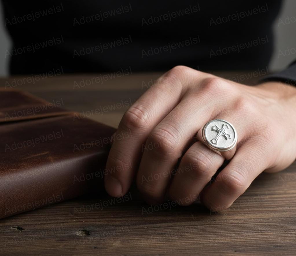 Sterling Silver Cross Signet Ring, Mens Band, 14mm