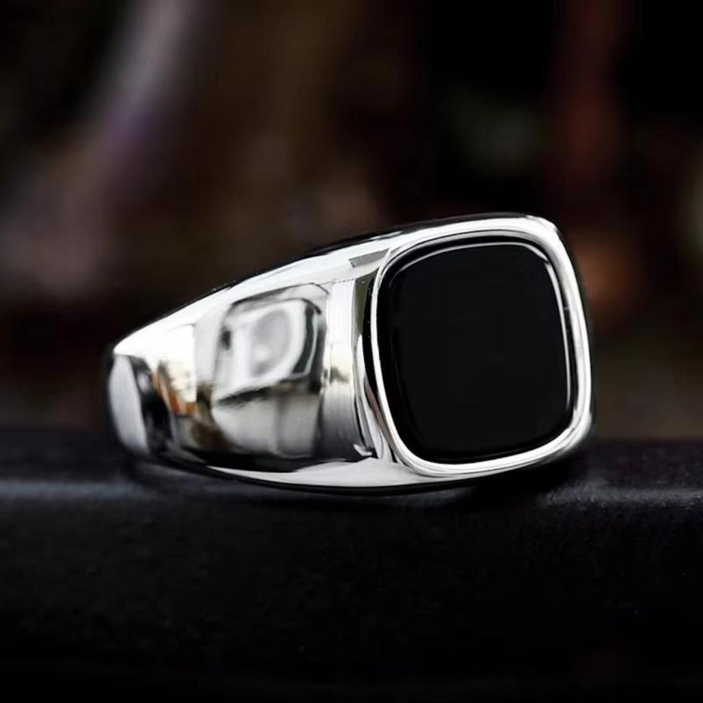 Black Onyx Signet Ring, 925 Sterling Silver, Mens Cushion Ring