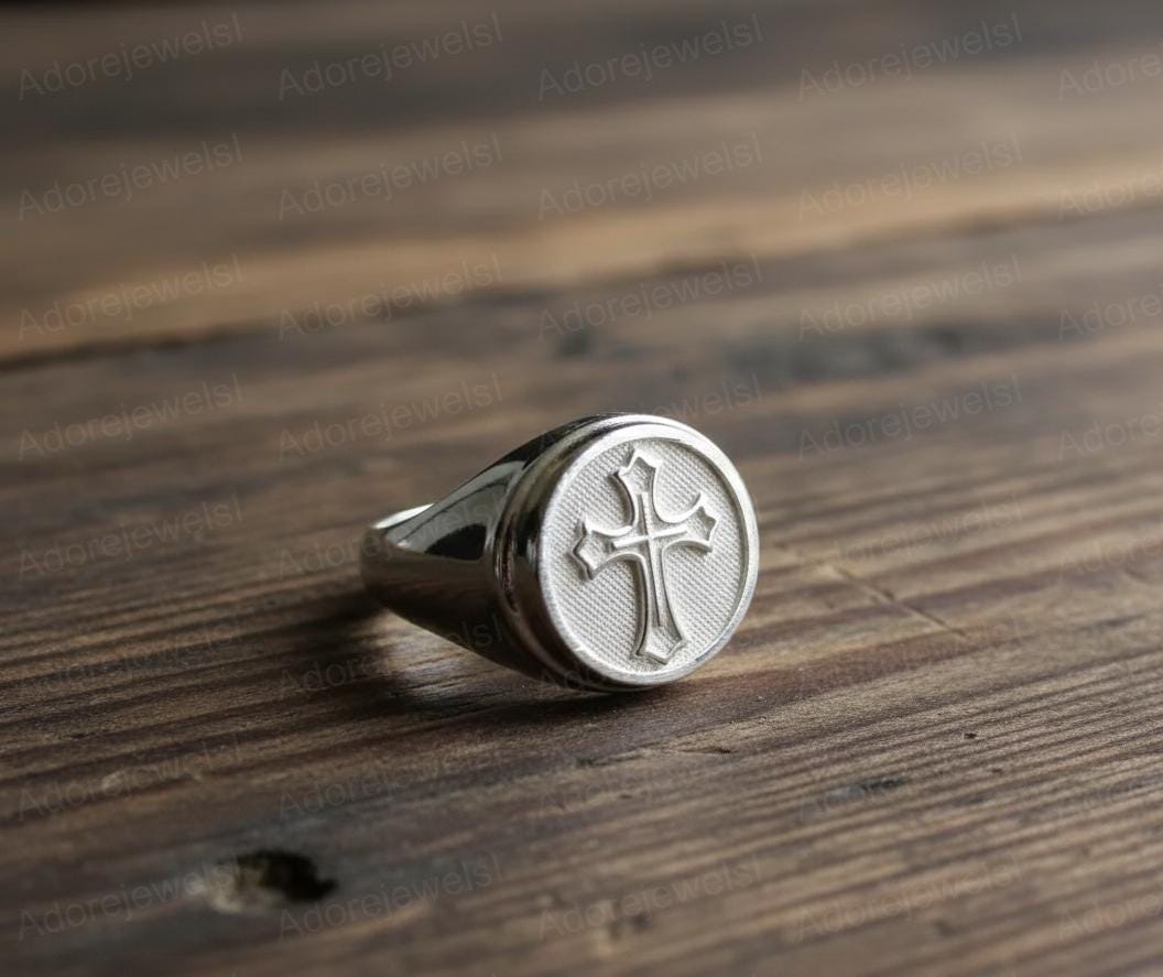 Sterling Silver Cross Signet Ring, Mens Band, 14mm