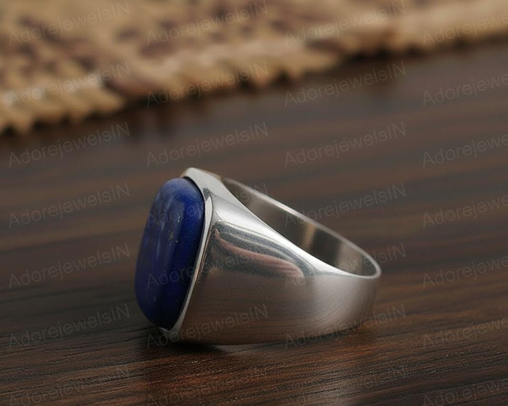 Mens Sterling Silver Lapis Lazuli Ring, Greek Design, Oval 12x16mm