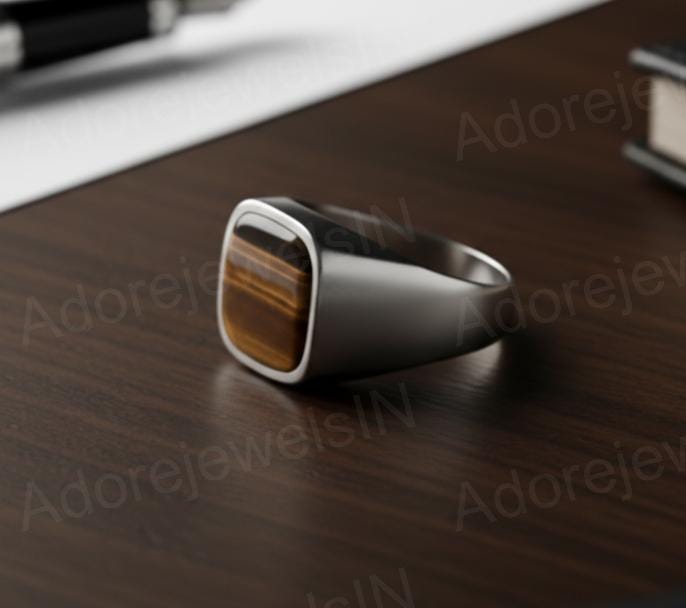 Sterling Silver Signet Ring, Natural Yellow Tiger Eye, Mens Heavy Ring