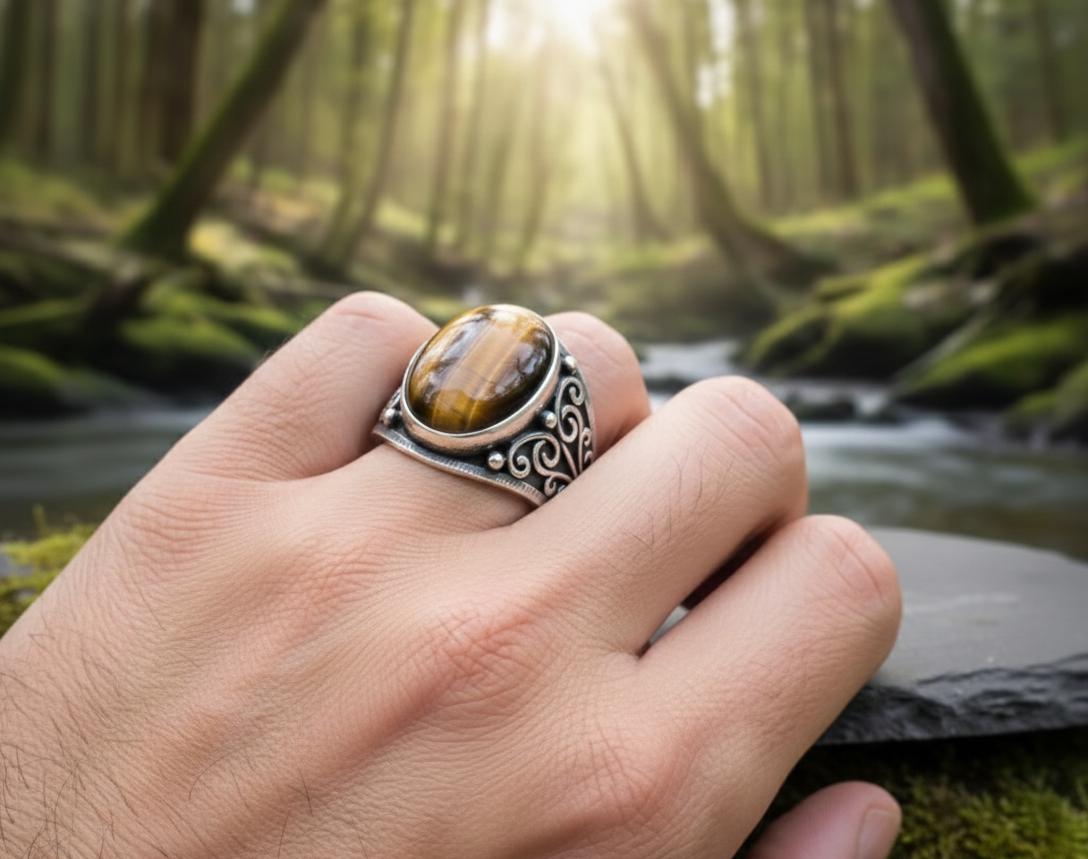 Oxidized Sterling Silver Signet Ring, Natural Tiger Eye, Floral Band