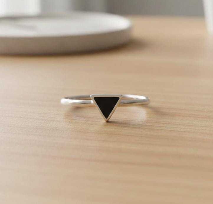 Sterling Silver Signet Ring, Black Onyx Triangle, Minimalist Band