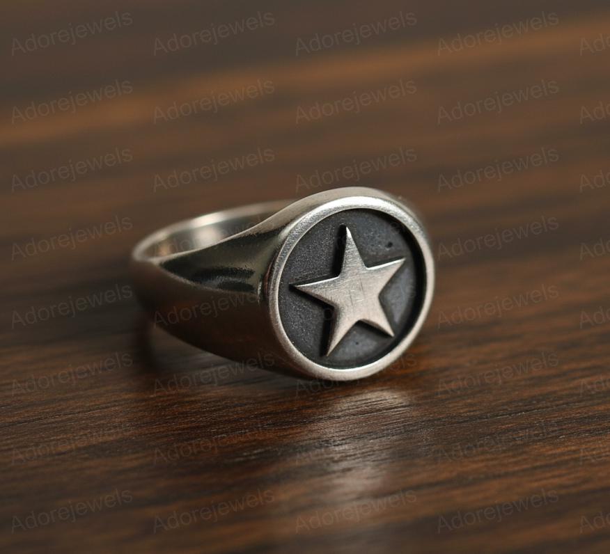 Sterling Silver Star Signet Ring, Black Rhodium Band
