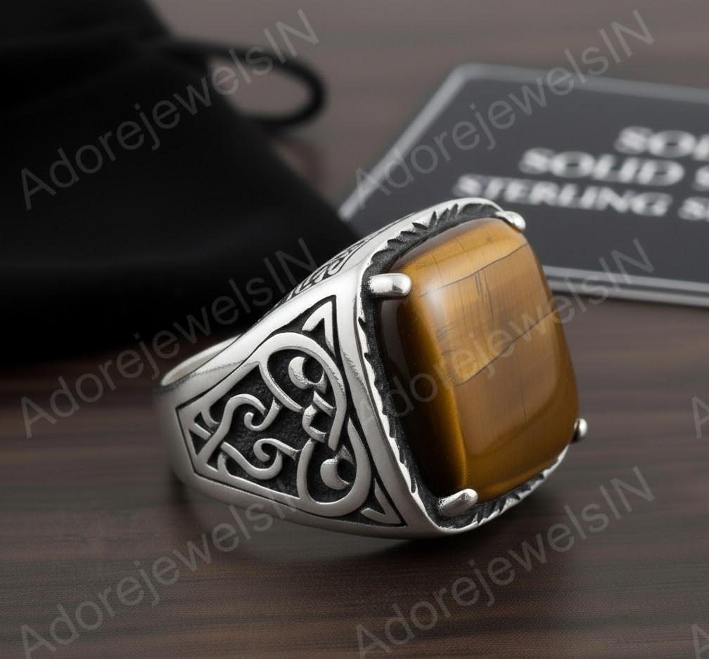 Tiger Eye Octagon Sterling Silver Signet Ring, Turkish Mens Ring