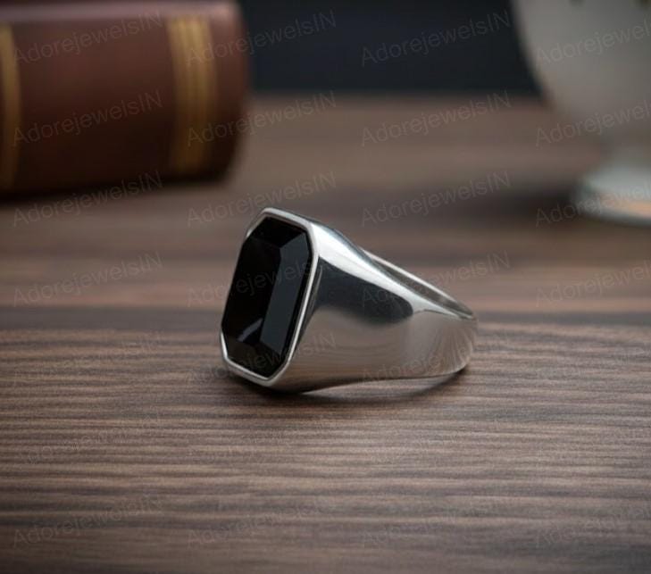 Black Onyx Sterling Silver Signet Ring, Octagon Cut