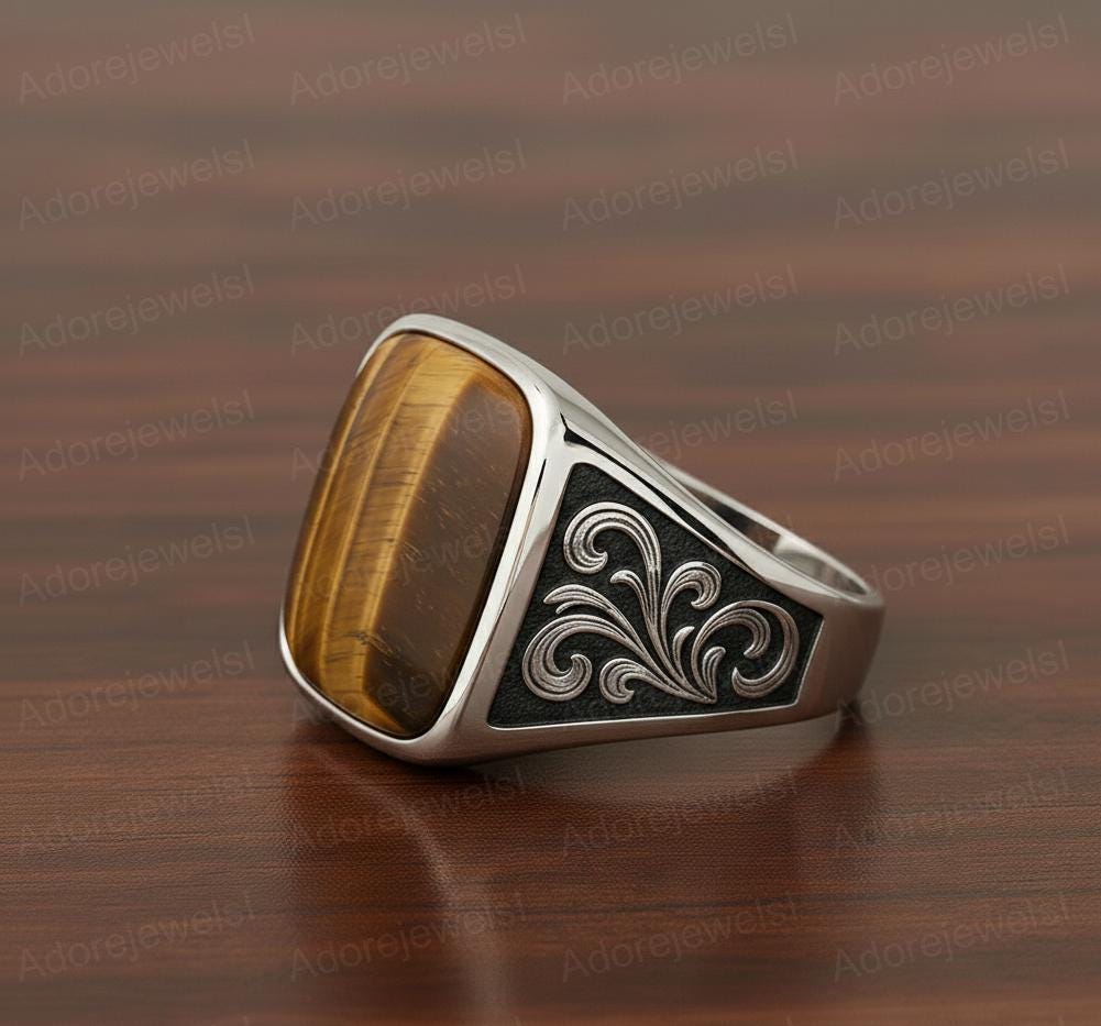 Sterling Silver Signet Ring, Natural Tiger Eye, Floral Band
