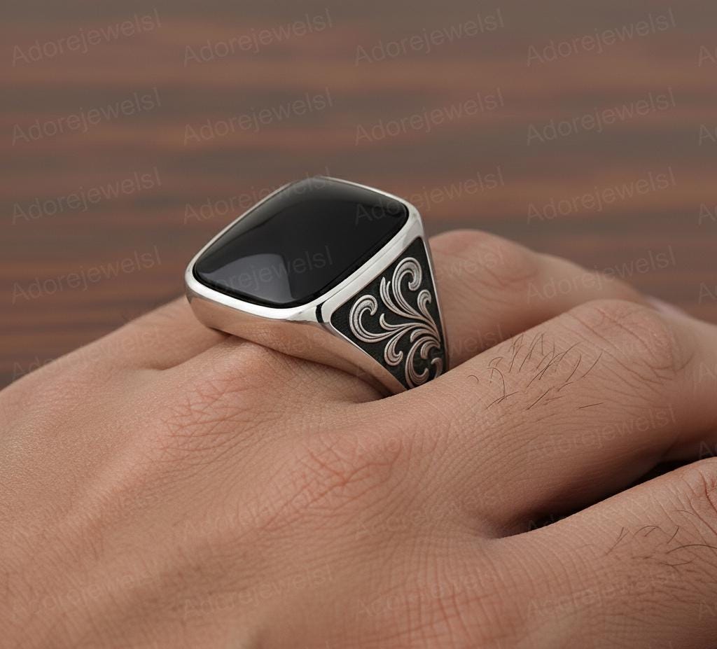 Black Onyx Cushion Signet Ring, Floral Sterling Silver