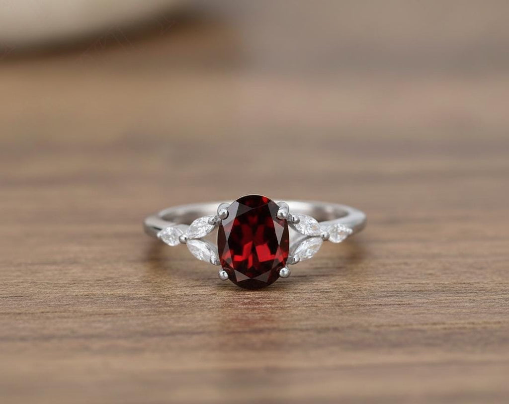 Oval Garnet Ring, Solid 925 Sterling Silver, Valentine's Gift