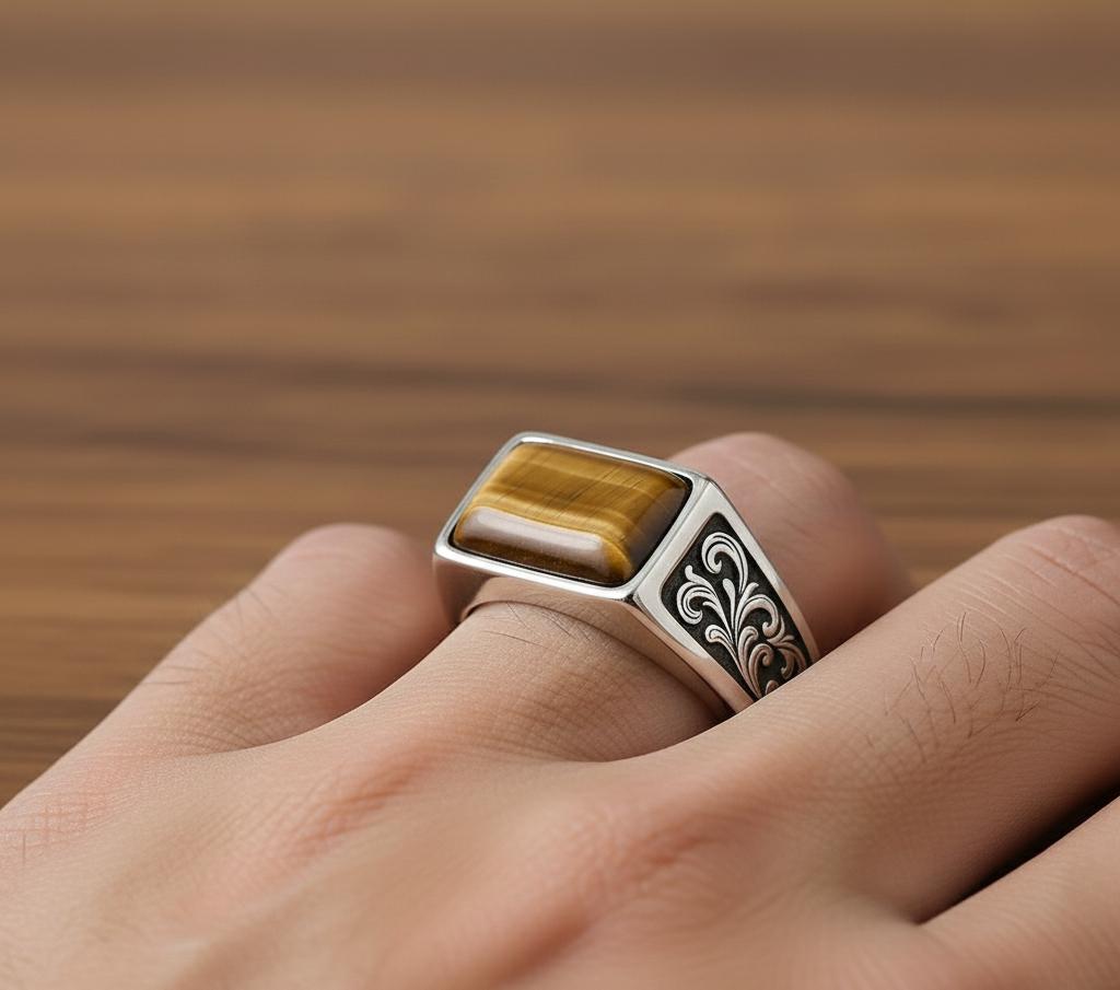 Sterling Silver Signet Ring, Yellow Tiger Eye Cabochon, Mens Ring