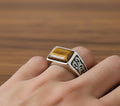 Sterling Silver Signet Ring, Yellow Tiger Eye Cabochon, Mens Ring