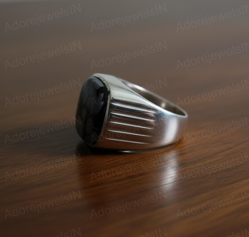 Sterling Silver Snowflake Obsidian Ring, Cushion Gemstone (14x14mm)