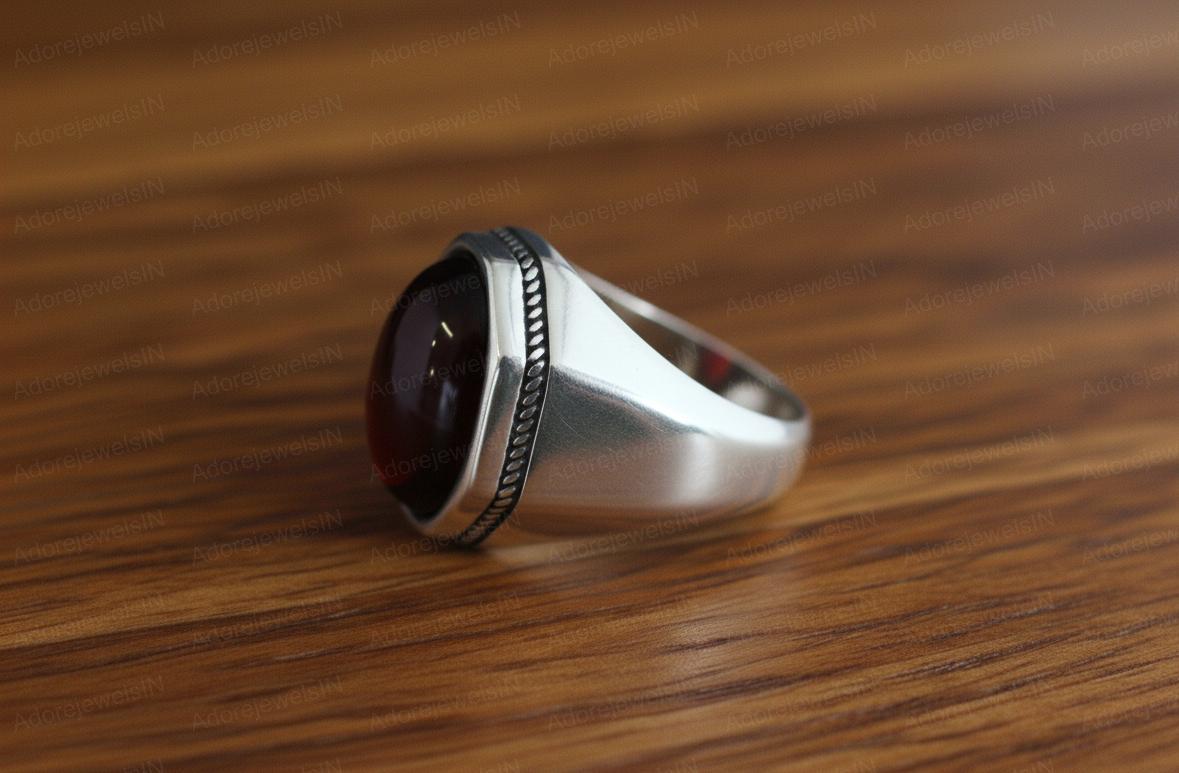 Garnet Sterling Silver Mens Signet Ring, Oval Cabochon (12x16mm)