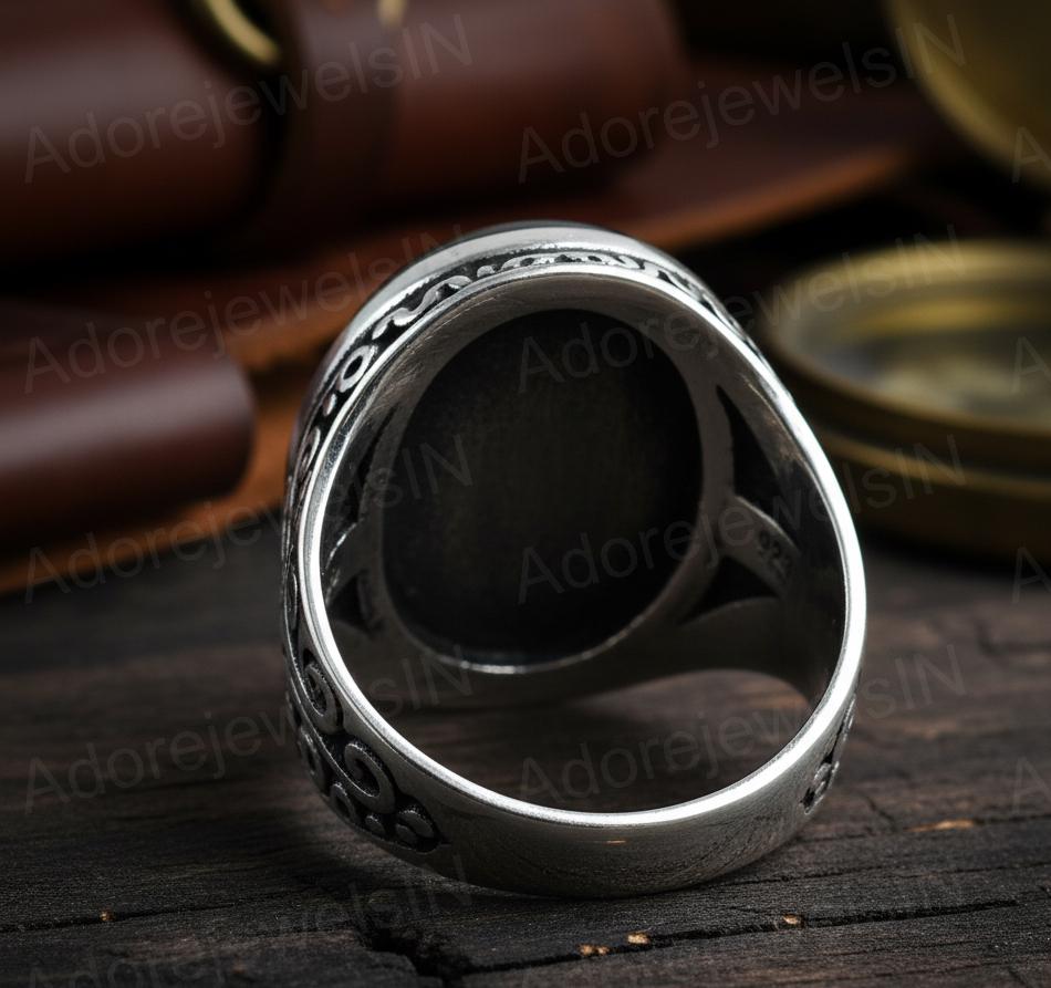 Mens Floral Sterling Silver Ring, Oval Labradorite (12x16mm)