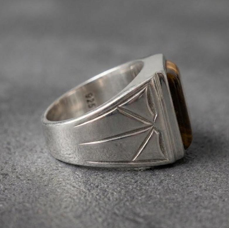 Mens Sterling Silver Brown Tiger eye Ring, Greek Design, Oval 12x16mm