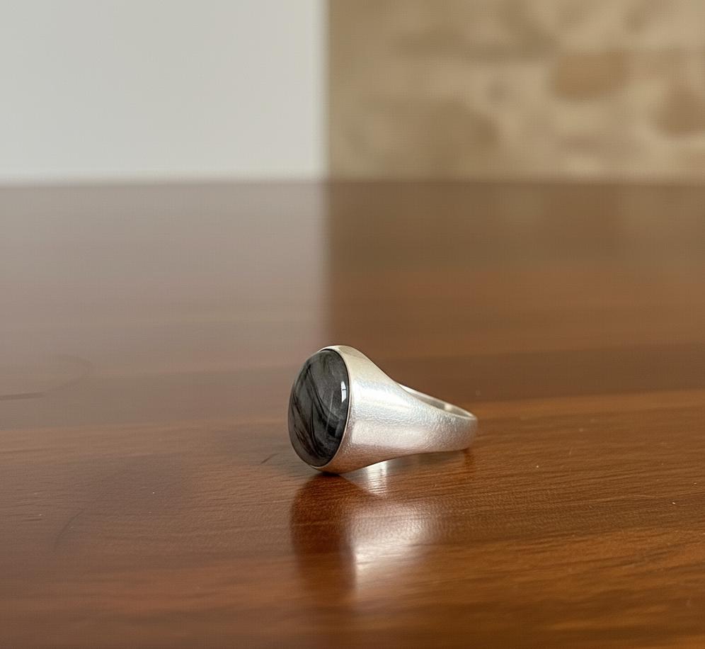 Sterling Silver Black Rutile Ring, Oval Cabochon, Ottoman Style