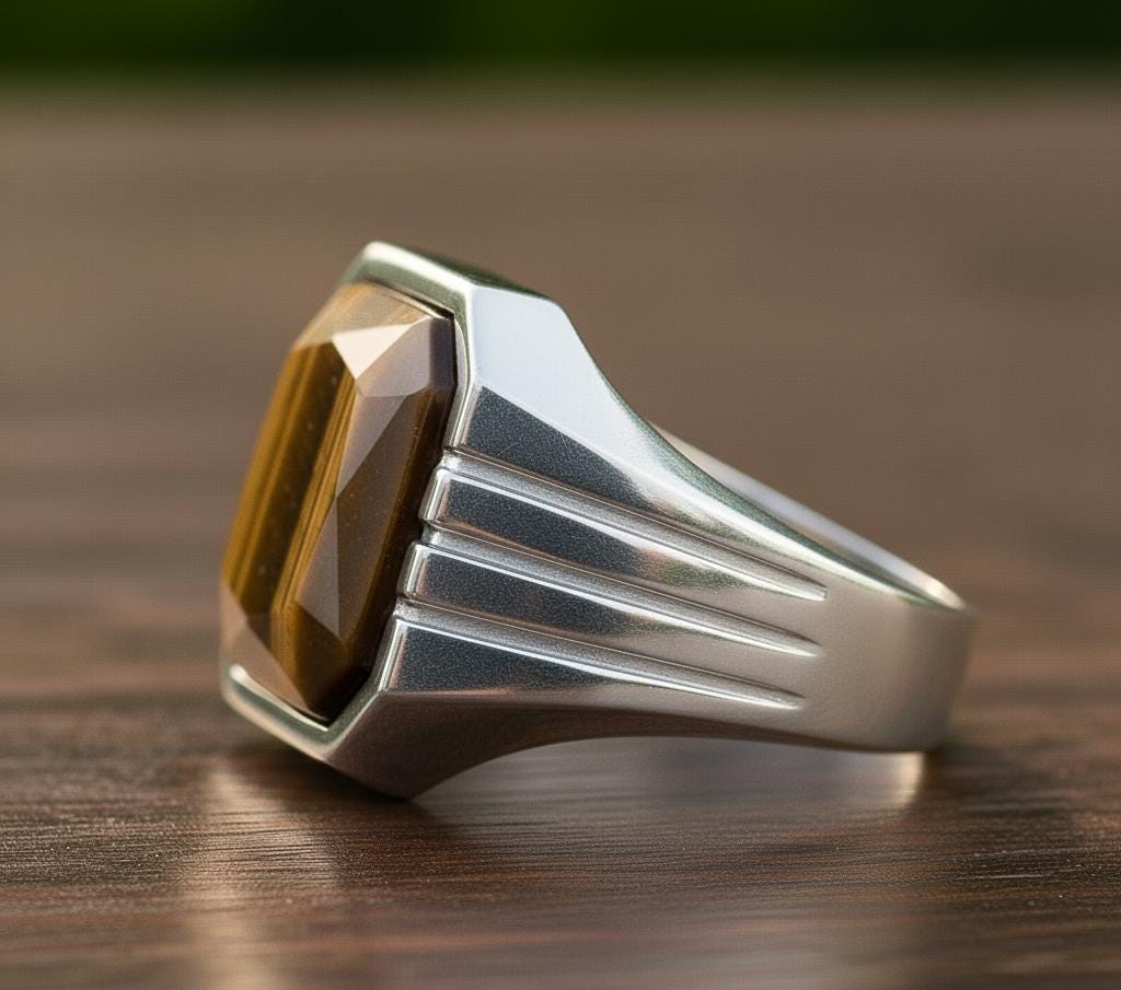 Sterling Silver Signet Ring, Natural Yellow Tiger Eye, Mens Heavy Ring, Faceted Cut Gemstone
