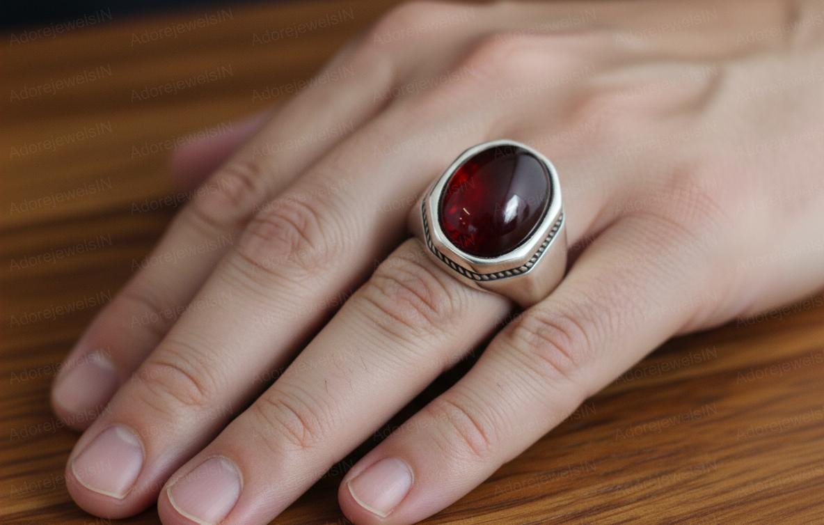 Garnet Sterling Silver Mens Signet Ring, Oval Cabochon (12x16mm)