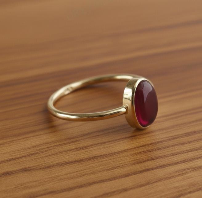 Natural Garnet Oval Ring, 925 sterling silver prong Setting, Minimalist Red Gemstone (8x10mm) gold plated