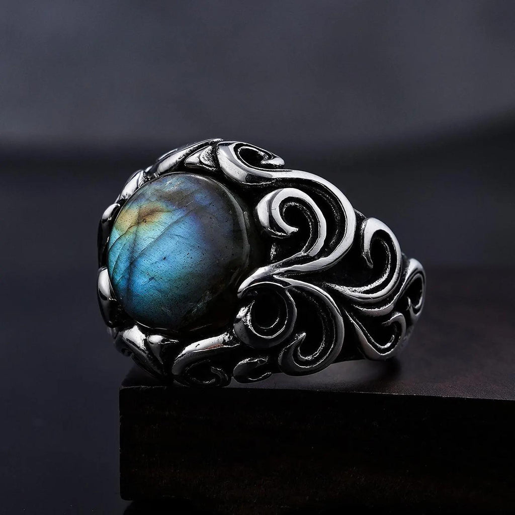 Floral Sterling Silver Labradorite Signet Ring, Mens Heavy Ring (12mm)