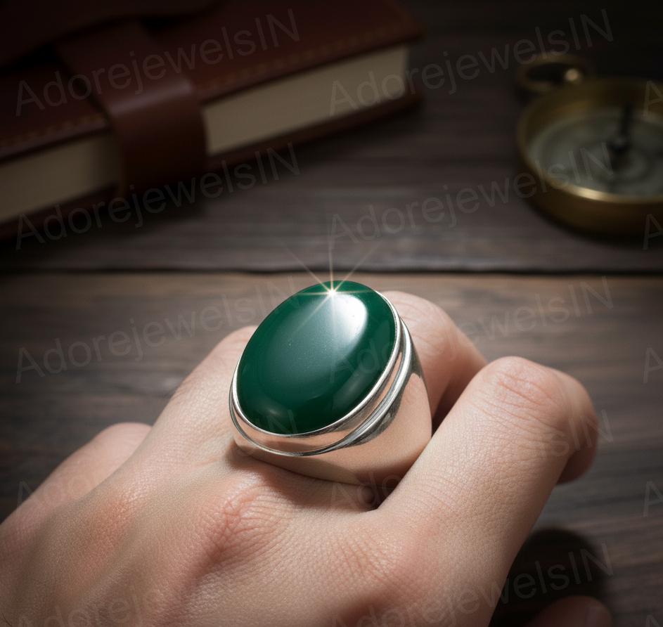 Sterling Silver Green Onyx Ring, Ottoman Style Signet Ring