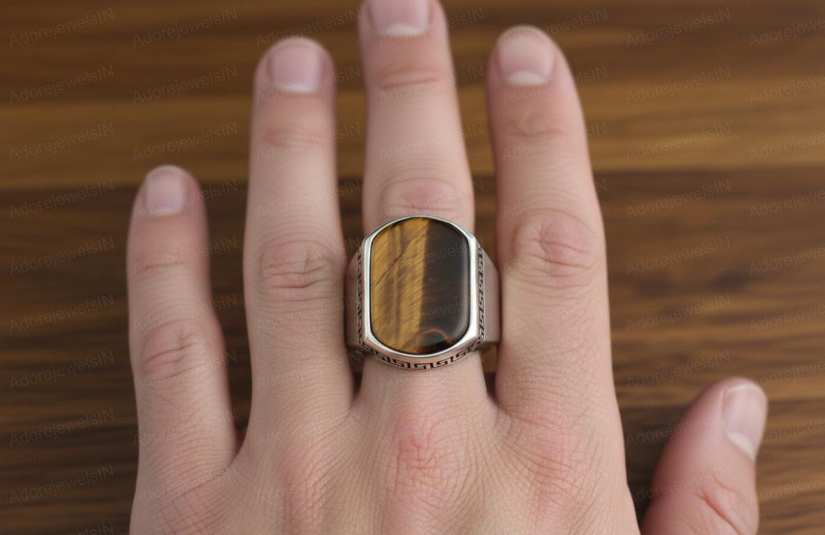 Yellow Tiger Eye Sterling Silver Signet Ring, Greek Ottoman Style