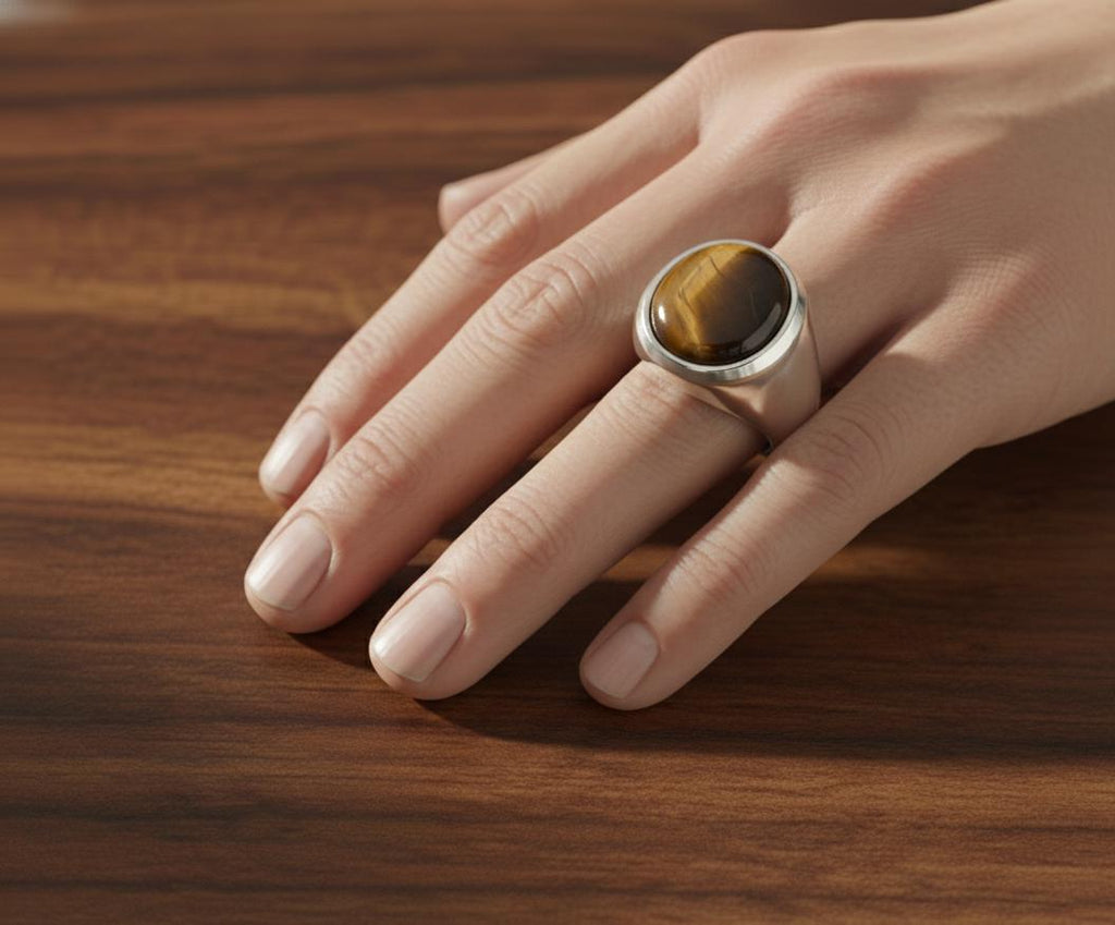 Sterling Silver Signet Ring, Natural Yellow Tiger Eye, Mens Heavy Ring
