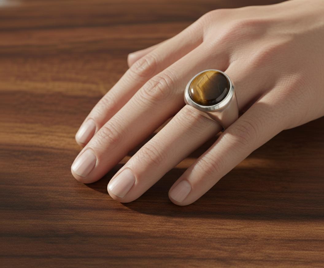 Sterling Silver Signet Ring, Natural Yellow Tiger Eye, Mens Heavy Ring