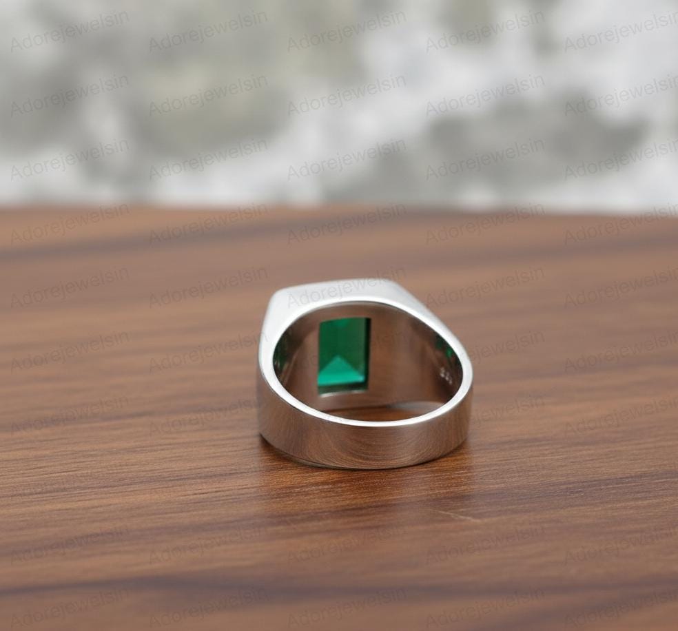 Sterling Silver Green Tourmaline Signet Ring, Emerald Cut
