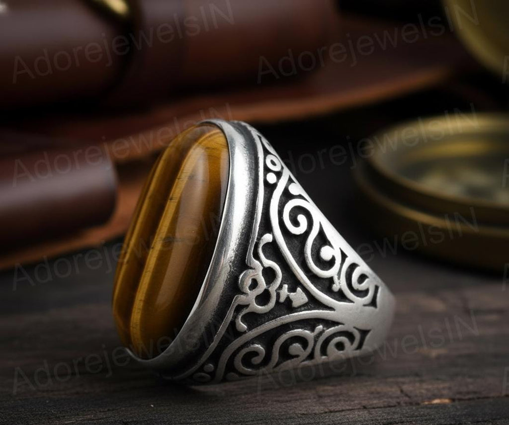 Mens Floral Sterling Silver Ring, Oval Tiger eye (12x16mm)