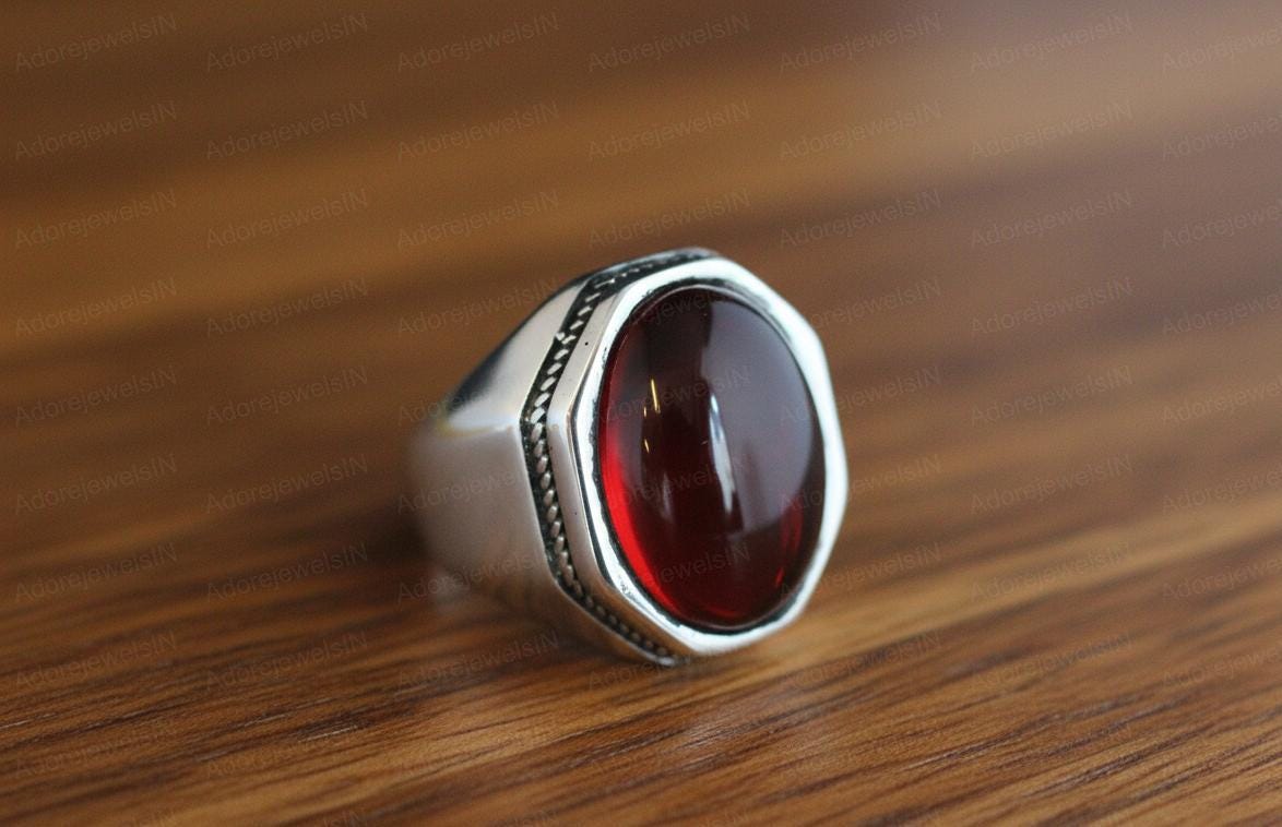 Garnet Sterling Silver Mens Signet Ring, Oval Cabochon (12x16mm)