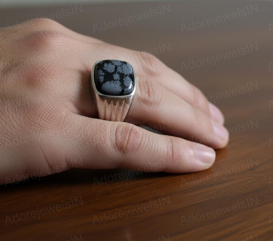 Sterling Silver Snowflake Obsidian Ring, Cushion Gemstone (14x14mm)