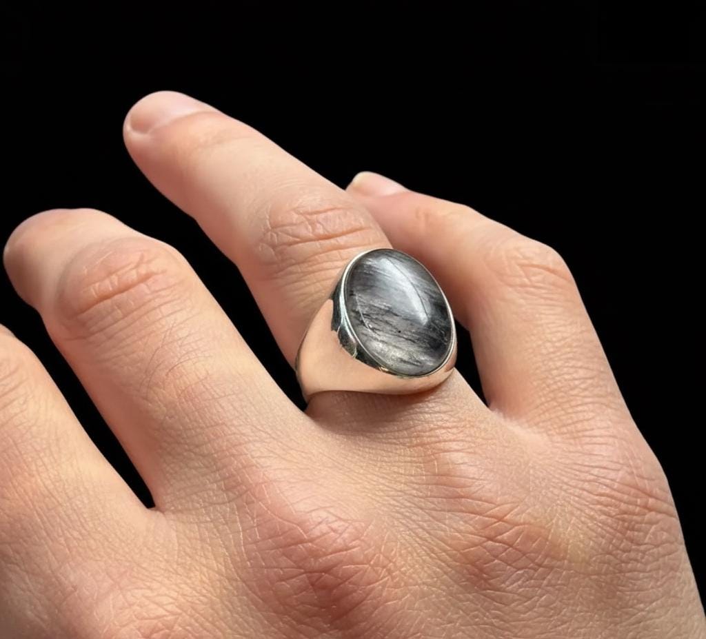 Sterling Silver Black Rutile Ring, Oval Cabochon, Ottoman Style