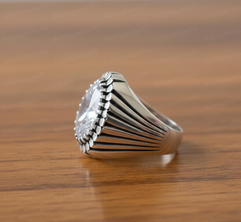 White Topaz Ottoman Signet Ring, Solid Sterling Silver Mens Ring