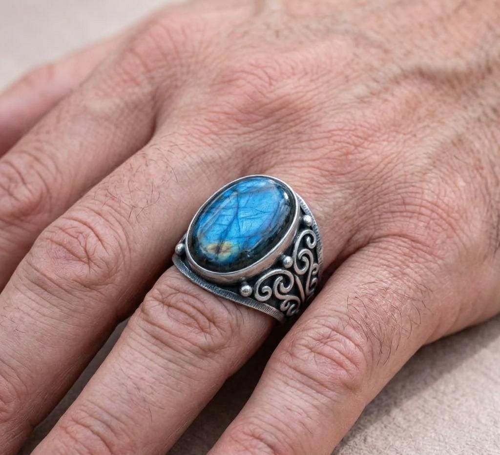 Men's Sterling Silver Ring • Oval Blue Labradorite Gemstone Statement Ring