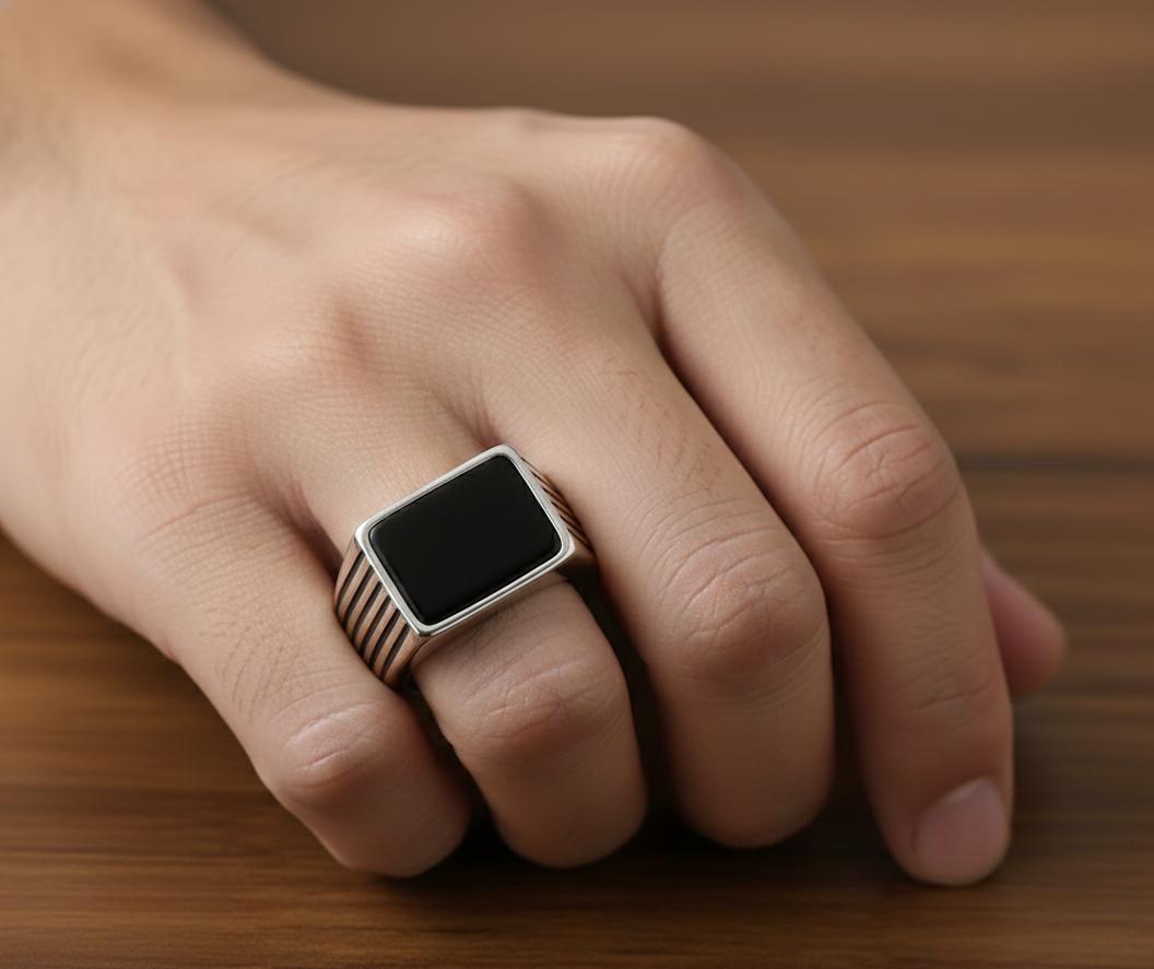Oxidized Sterling Silver Signet Ring, Black Onyx, Mens Vintage Style