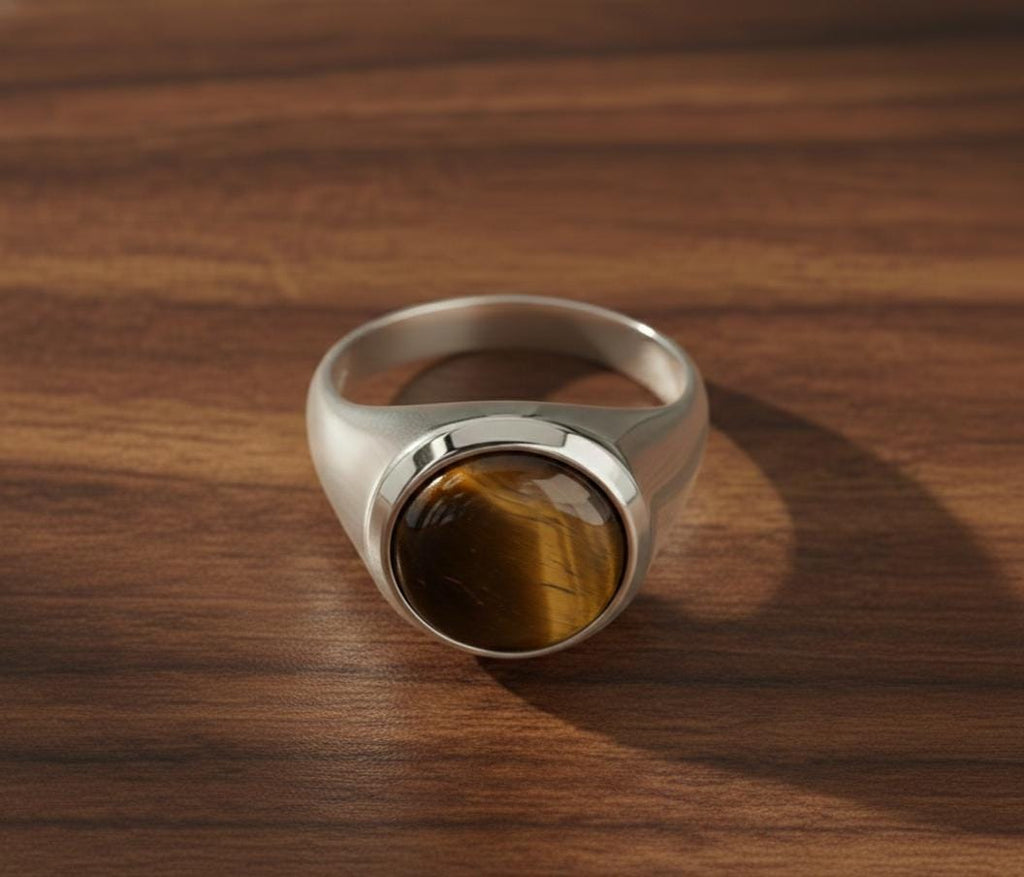 Sterling Silver Signet Ring, Natural Yellow Tiger Eye, Mens Heavy Ring