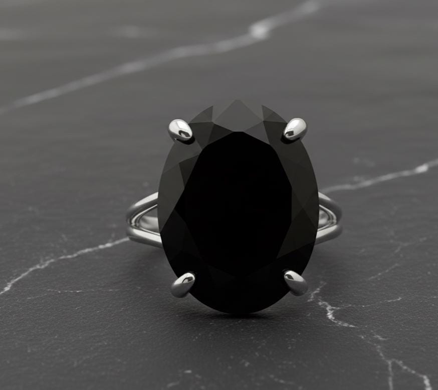 Sterling Silver Black Onyx Ring, Oval Faceted, Prong Setting
