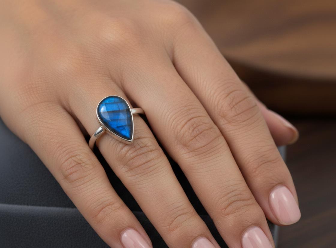 Sterling Silver Pear Labradorite Ring, Madagascar Gemstone