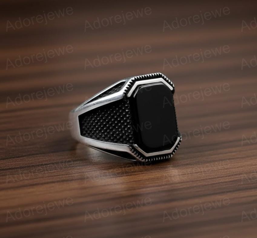 Black Onyx Sterling Silver Cushion Signet Ring